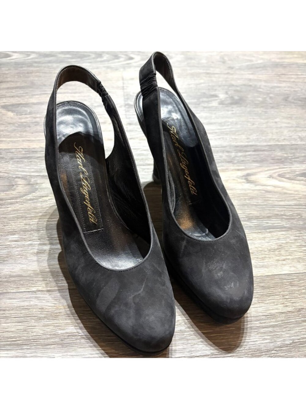 Karl Lagerfeld Suede Slingback Platform Heels 7M Black Almond Toe France VTG Y2K - Picture 3 of 13